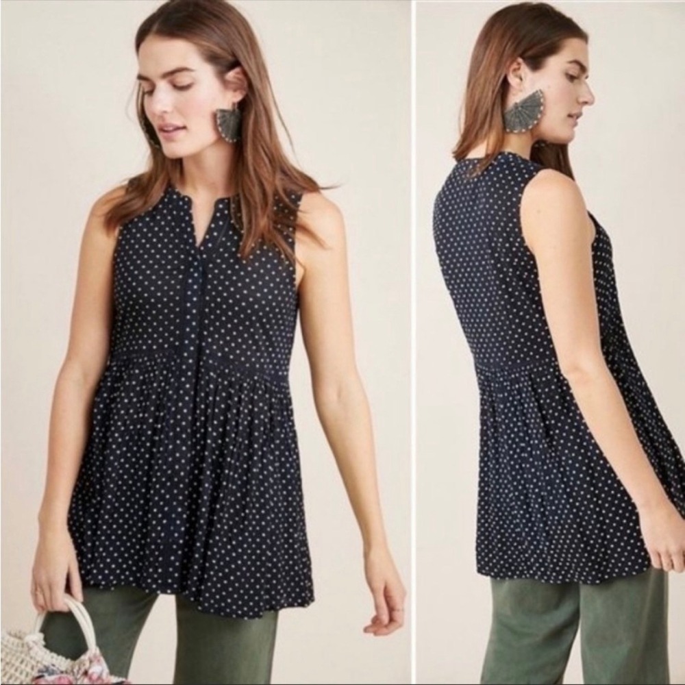 Anthropologie Polka Dot Sleeveless Babydoll Tunic‎ Top Navy Blue Womens S